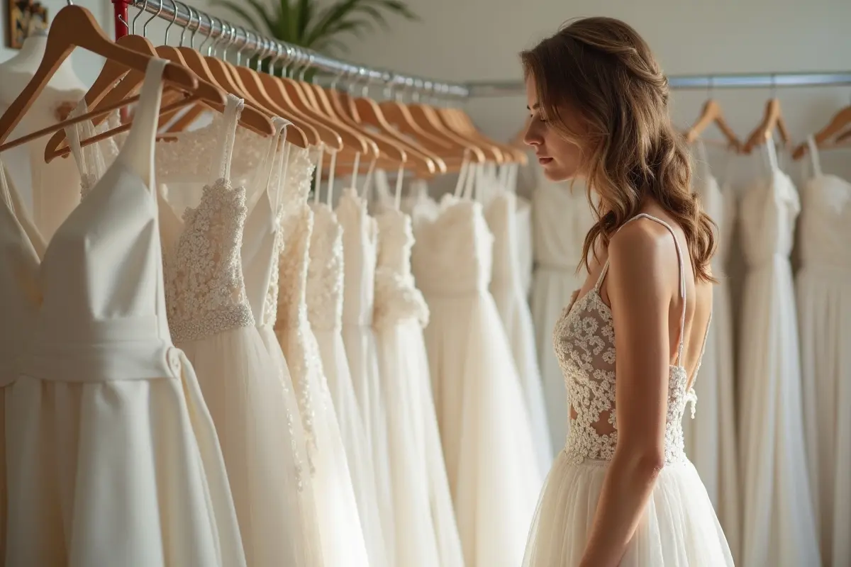 bride choosing a stylish casual wedding dress for ceremony